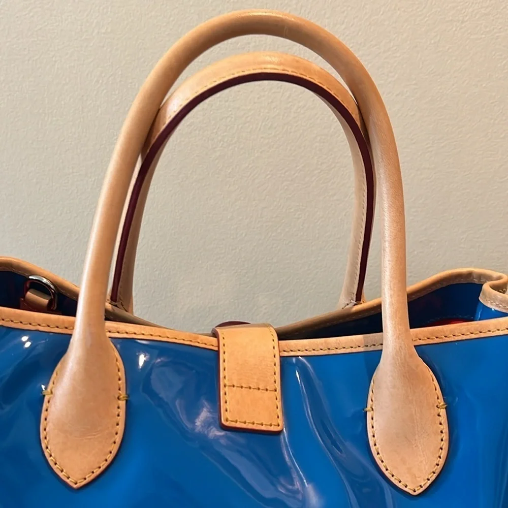 Dooney & Bourke  Satchel  Royal blue coated canvas/ tan leather trim   Like New